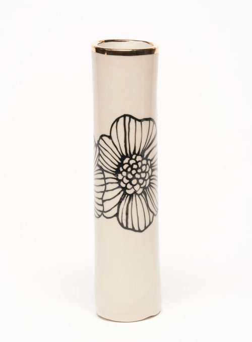 Tall ceramic floral vase with gold accents by Nicole Hsieh.