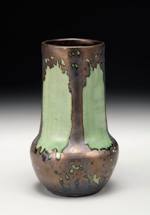 Buttress green luster vase by Hog Hill Pottery.