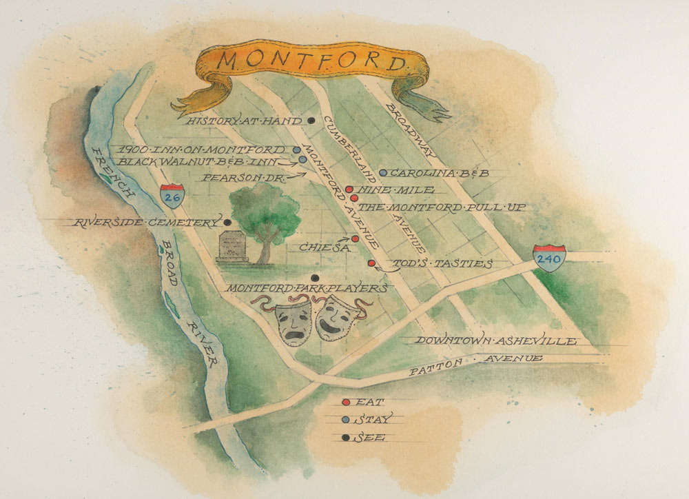 Handpainted map of historic Montford in Asheville, NC, by Michael Francis Reagan.