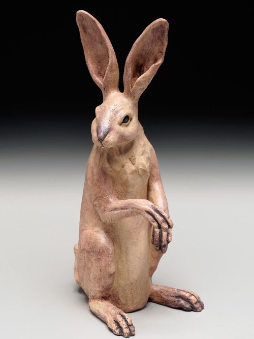 A ceramic hand-built hare sculpture by artist Tina Curry.