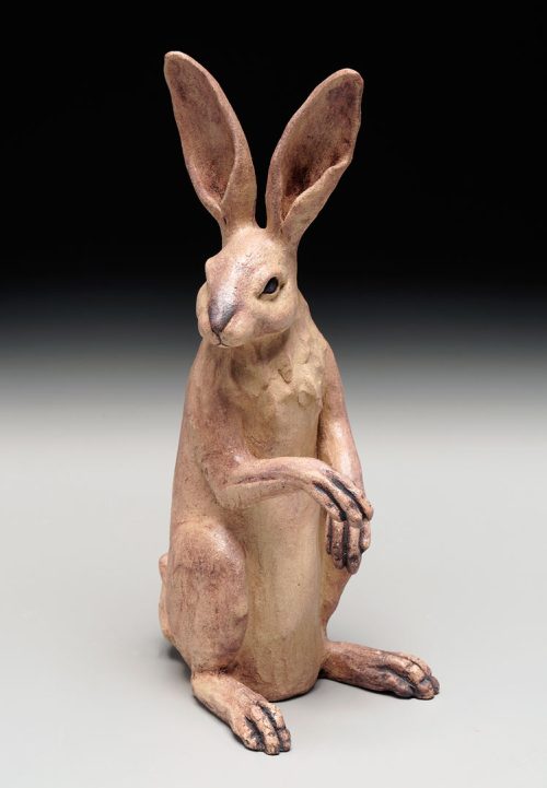 A ceramic hand-built hare sculpture by artist Tina Curry.