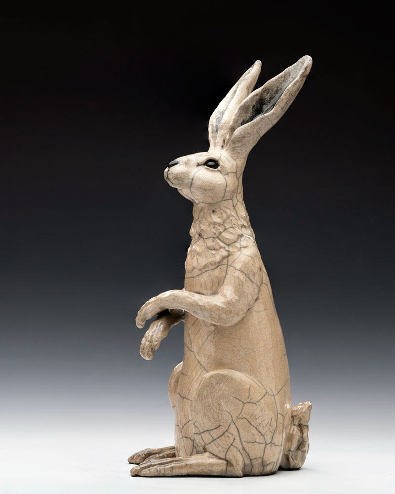 Ceramic hare sculpture titled Moonstruck by artist Tina Curry.