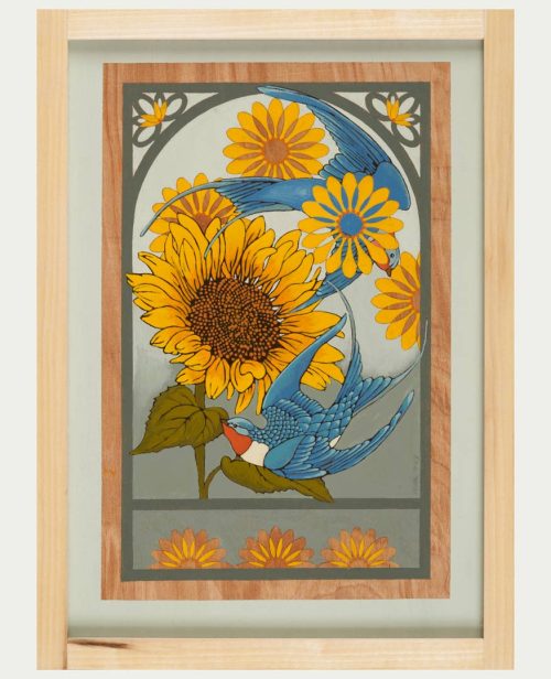 An original painting by Asheville artist Kim Dills titled Swallow and Sunflowers.