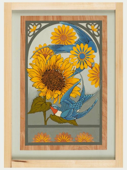 An original painting by Asheville artist Kim Dills titled Swallow and Sunflowers.