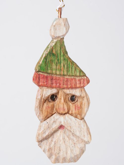 Wooden santa ornament handcarved by Bill Apelian.