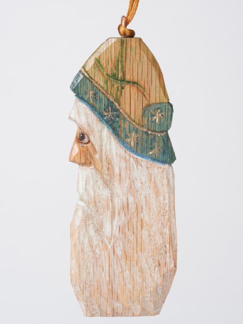 Handcarved wooden santa ornament by Bill Apelian.