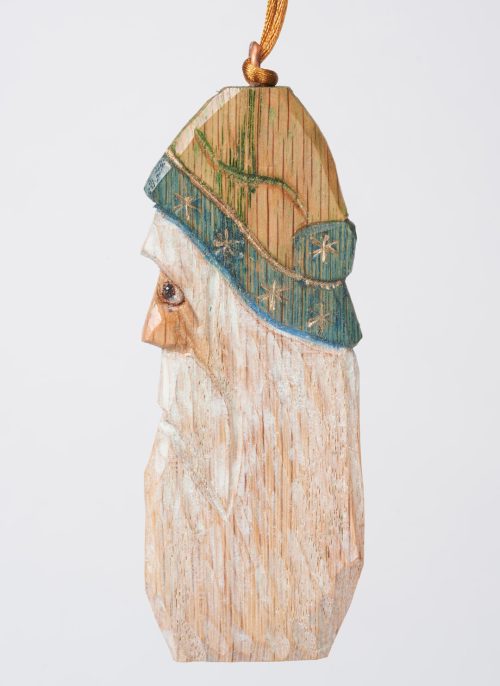 Handcarved wooden santa ornament by Bill Apelian.