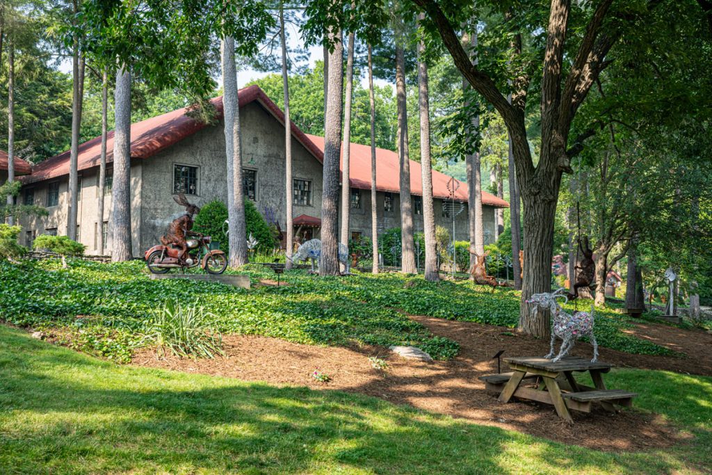 The outdoor sculpture garden at Grovewood Gallery in Asheville.