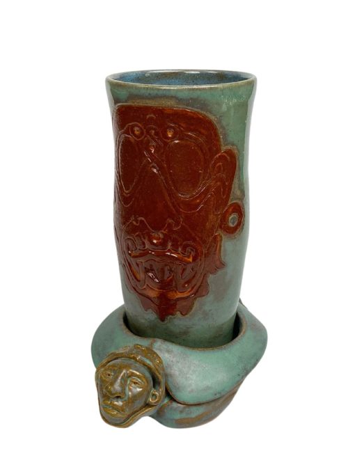 Mayan God with Sea Turtle ceramic cup set by Helen Purdum.