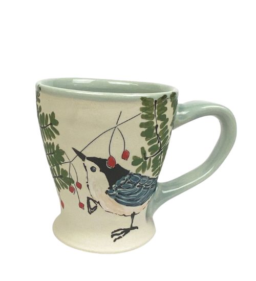 Irish Coffee mugs with nuthatches, ferns, and winter berries.