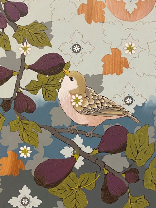 Detail of an original painting by Asheville artist Kim Dills titled Finch & Figs.