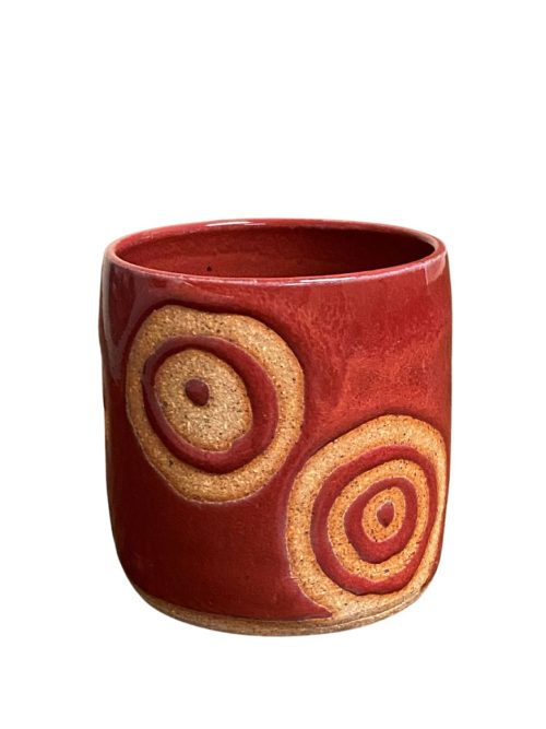 Red ceramic rocks cup by Mangum Pottery in North Carolina.