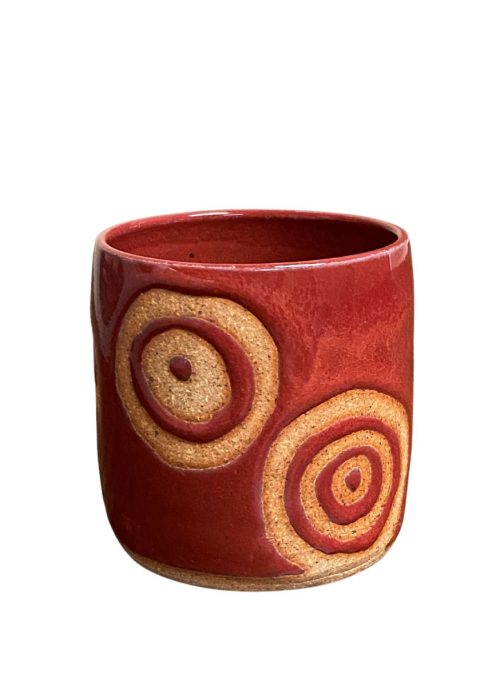 Red ceramic rocks cup by Mangum Pottery in North Carolina.