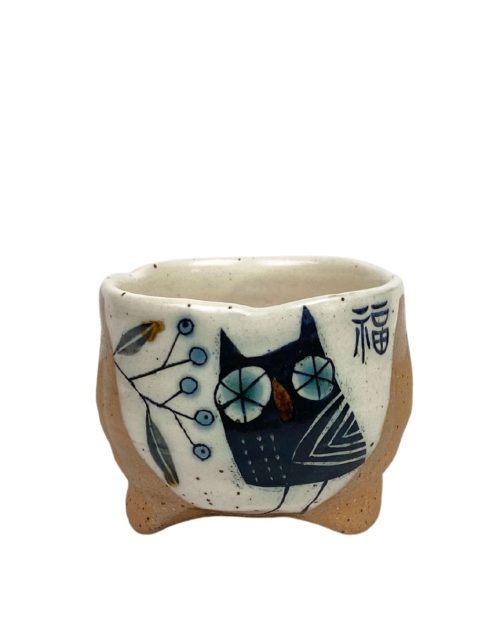 Ceramic guinomi titled Good Fortune Owl by Asheville artist Reiko Miyagi.