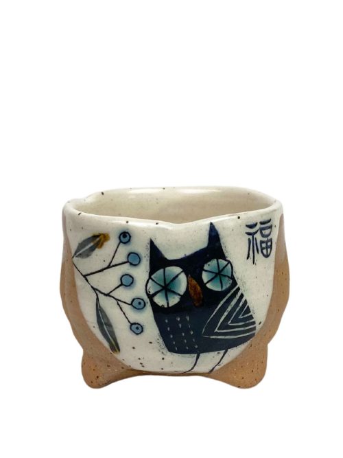 Ceramic guinomi titled Good Fortune Owl by Asheville artist Reiko Miyagi.