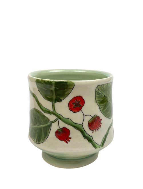 Porcelain serviceberry sipper cup by artist Rebekah Strickland.