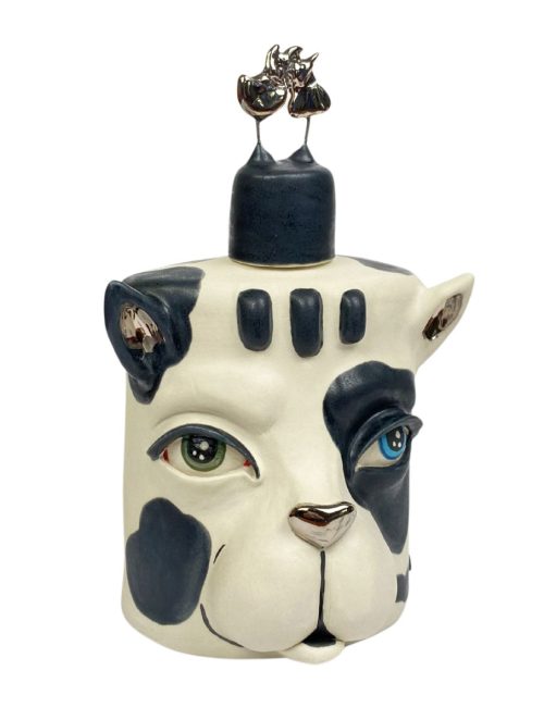 Porcelain cool cat flask by Taylor Robenalt.