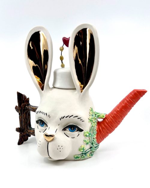 A porcelain bunny teapot by Taylor Robenalt.