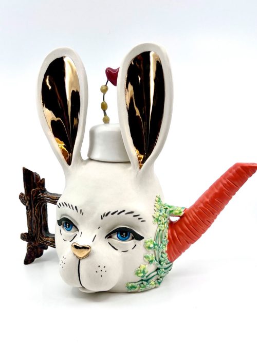 A porcelain bunny teapot by Taylor Robenalt.