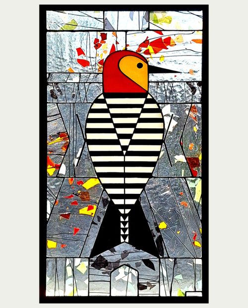 A stained glass window panel by Jacob Hinnenkamp titled Woodpecker XVII.