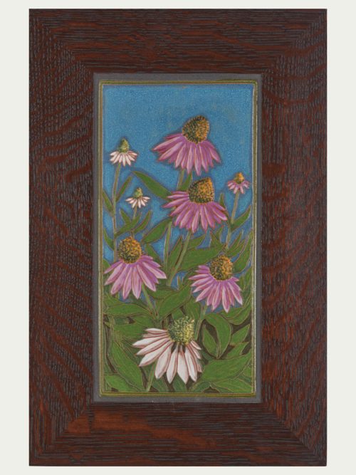 A framed coneflower art tile by Jonathan White Ceramics.