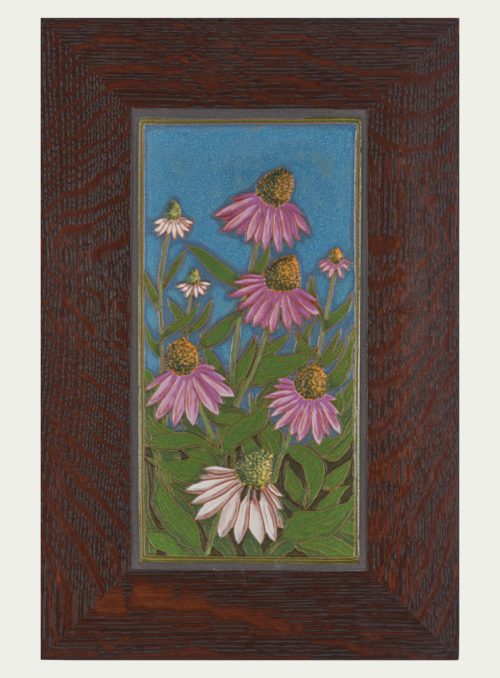 A framed coneflower art tile by Jonathan White Ceramics.