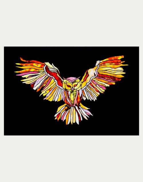 A stained glass hanging window panel of an owl titled Soar by Jacob Hinnenkamp of Hinnenkamp Glass Crafters.