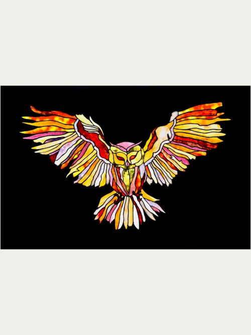 A stained glass hanging window panel of an owl titled Soar by Jacob Hinnenkamp of Hinnenkamp Glass Crafters.